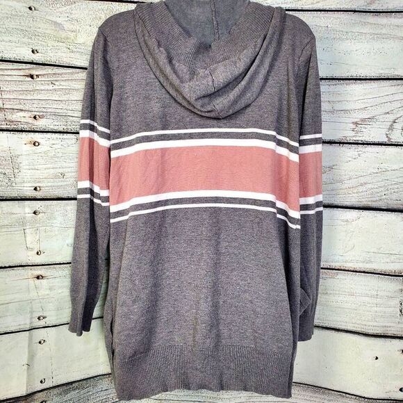 Pink Rose Gray Hooded Open Cardigan with Pink White Stripes Pockets Size Large - Picture 3 of 8